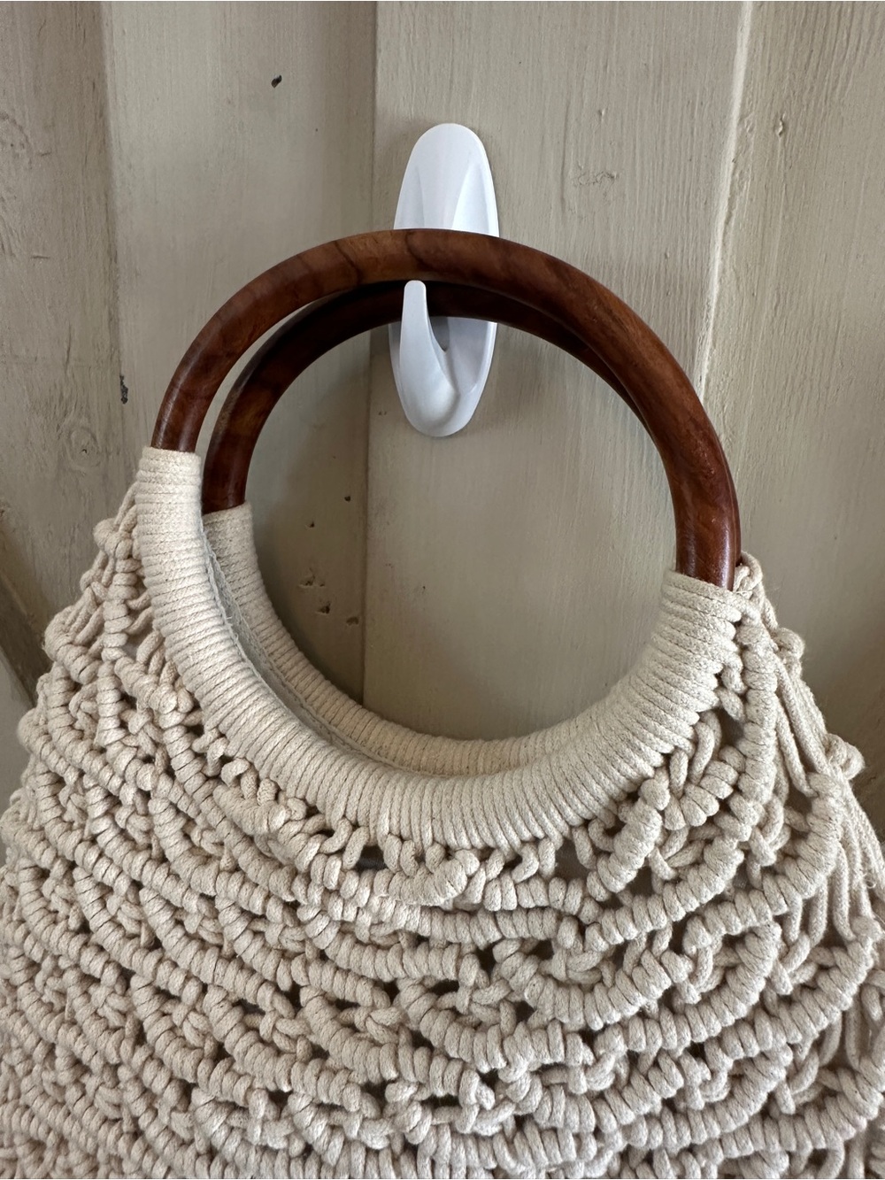 Sigrid Olsen Macramé Handbag Cream Cotton Rope Wooden Ring Handles Boho - Picture 3 of 8